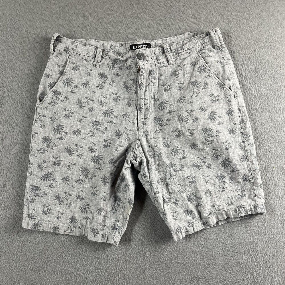 Express Shorts Mens 32 Gray Palm Tree Linen Cotton Classic Fit Chino 9" Inseam